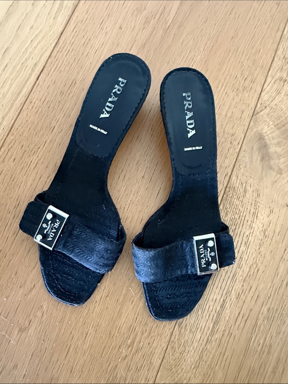 Prada Black Leather Slide Mules with Logo Buckle vintage